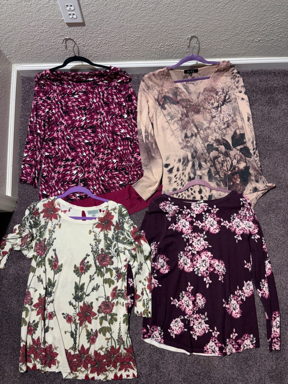BUNDLE Chico's Plum, Cream & Pink Floral Long-Sleeve Tops - Set of 4